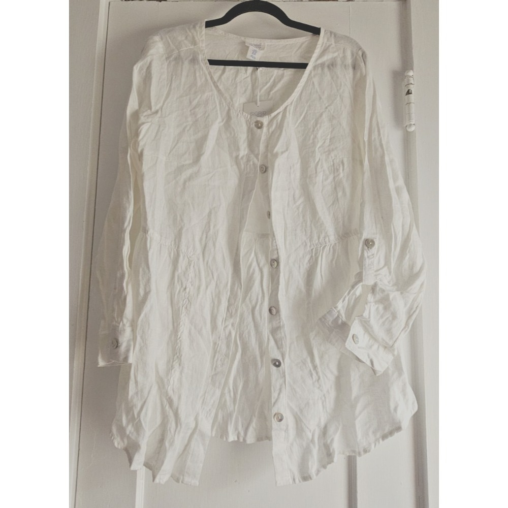 NWT SIGRID OLSEN 100% Linen womans M button front roll tab sleeve tunic top